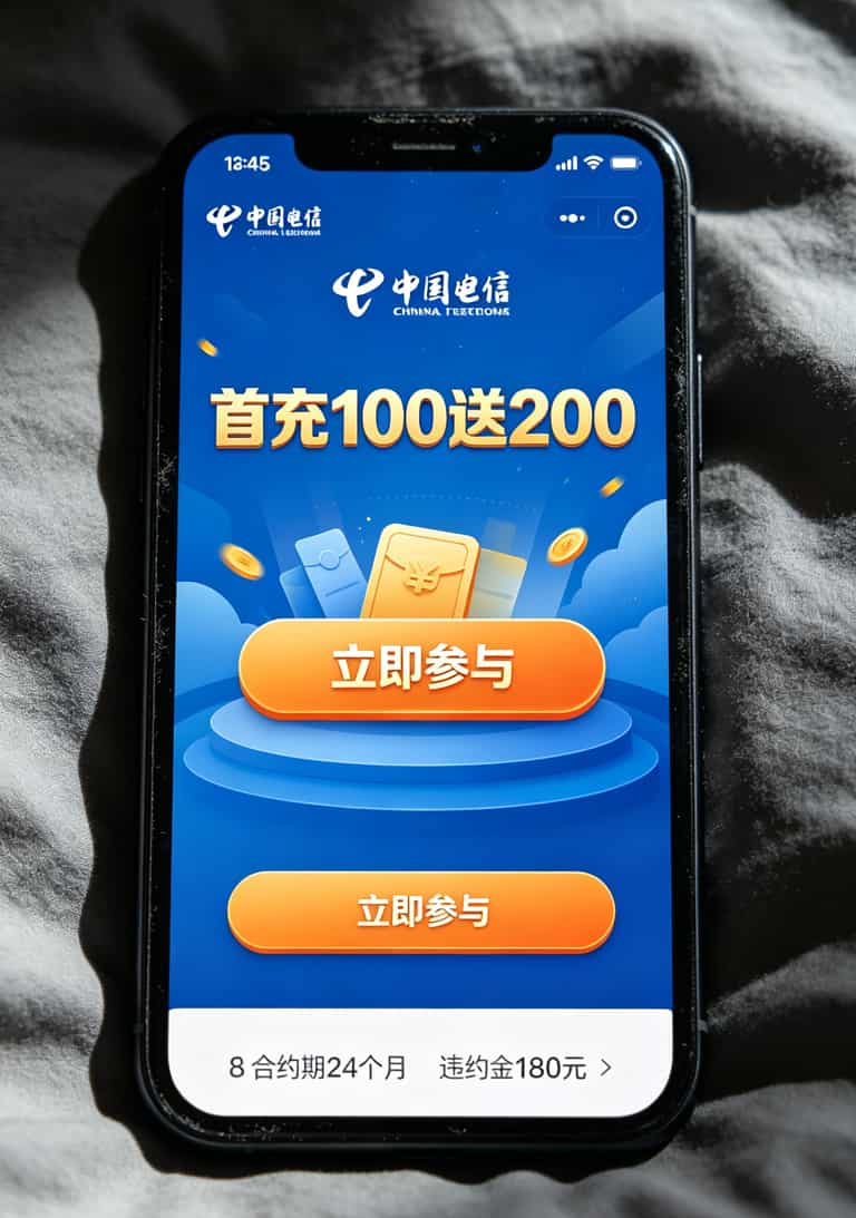 流量卡这三年我踩过的坑,最后只认准这一个入口 电信营业厅App截图,“首充100送200”活动页面,小字显示合约期24个月