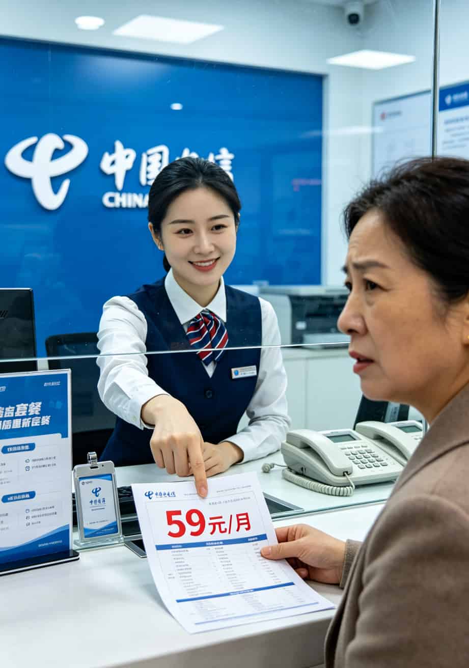 学生党办卡避坑:39电信流量卡套餐介绍+三年能省一部手机钱 电信营业厅内部柜台场景,营业员在介绍套餐单页