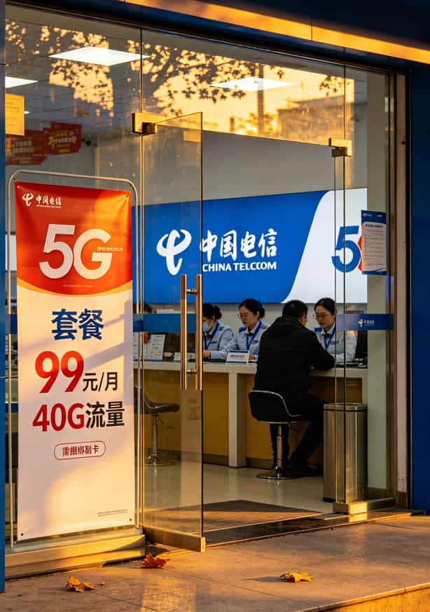 流量卡这三年我踩过的坑,最后只认准这一个入口 中国电信营业厅门口,玻璃门上贴着99元套餐海报