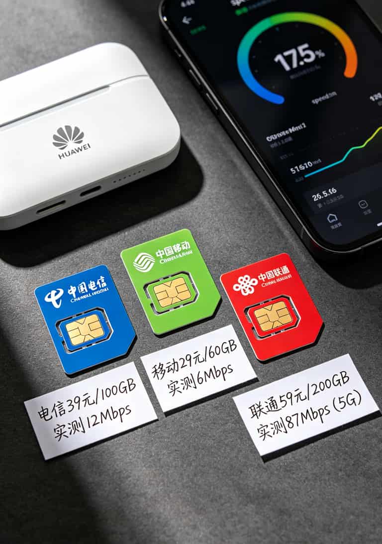 华为随身WiFi配啥流量卡?**29100g流量卡**避坑实测,从2Mbps提到15Mbps我只换了张卡 三张不同运营商流量卡并排对比,标注价格和实际测速结果