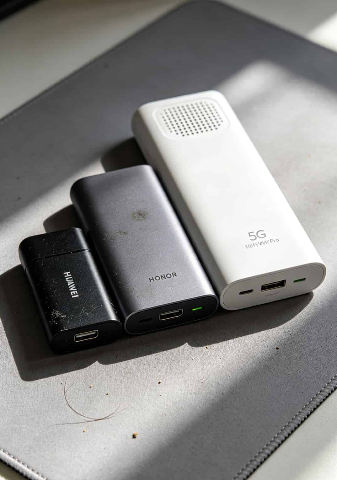 一张8元移动月租流量卡,让我的华为随身WiFi从龟速变高铁 三款华为随身WiFi并排放置的对比图