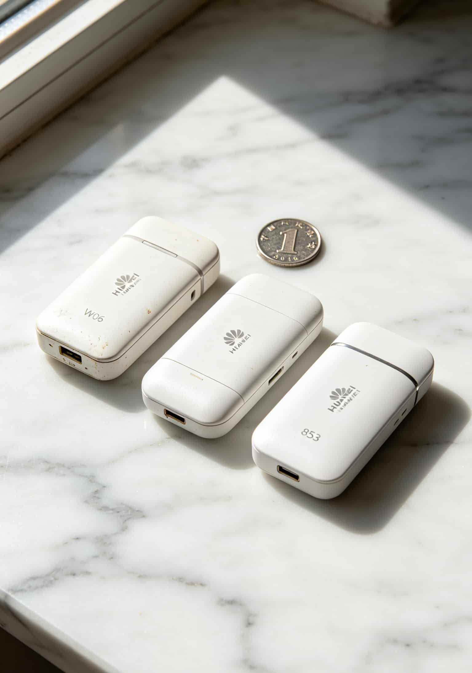 华为W06、Mini、853三款随身WiFi并排摆放