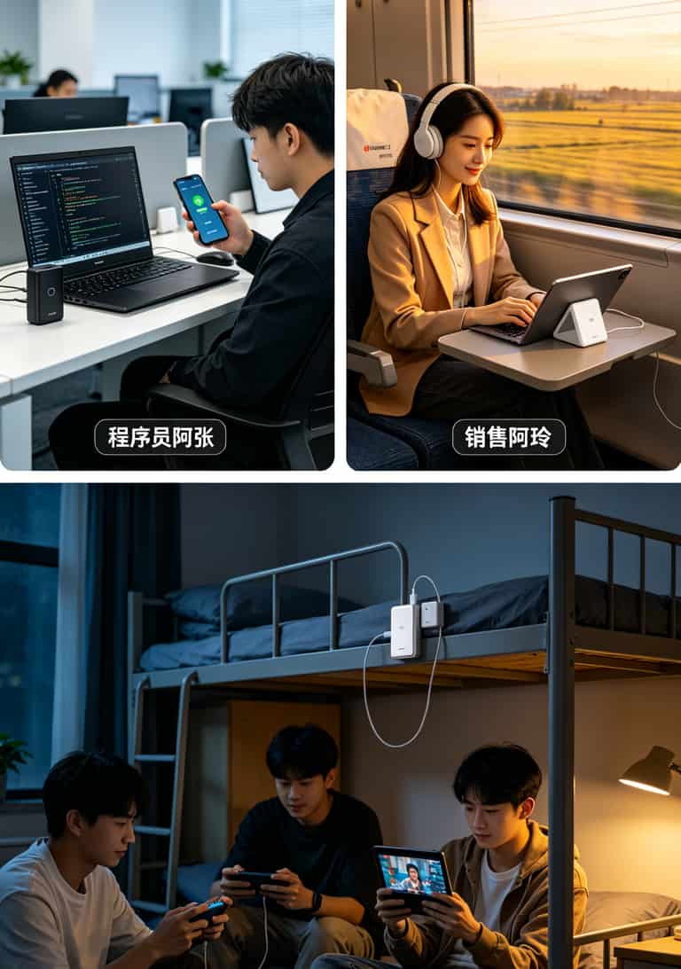 华为随身WiFi配上29一月100g流量卡,电脑上网到底能不能打?我用了半年说实话 三个人在不同场景使用华为随身WiFi的拼图:办公室、高铁、宿舍