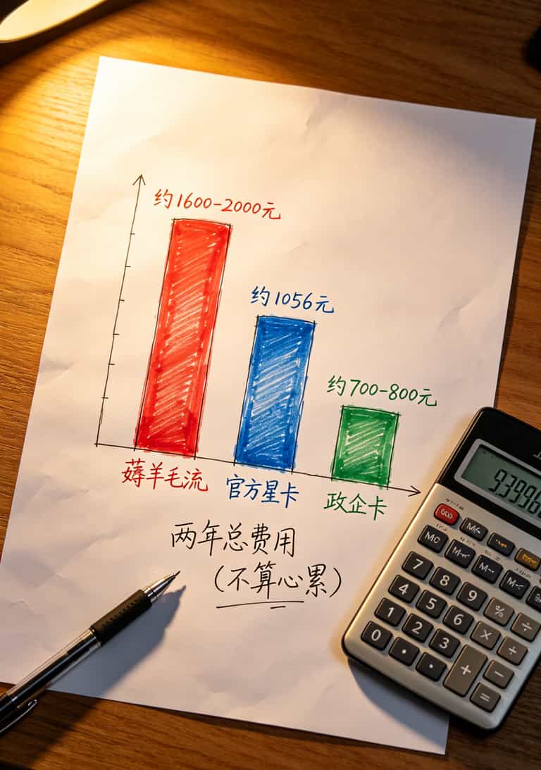 我花800块在华强北踩了6个坑,才搞明白“电信无限量卡流量免费领取”到底能不能用——结论放开头:能,但90%的人做错了这一步 三种方案两年总费用对比柱状图
