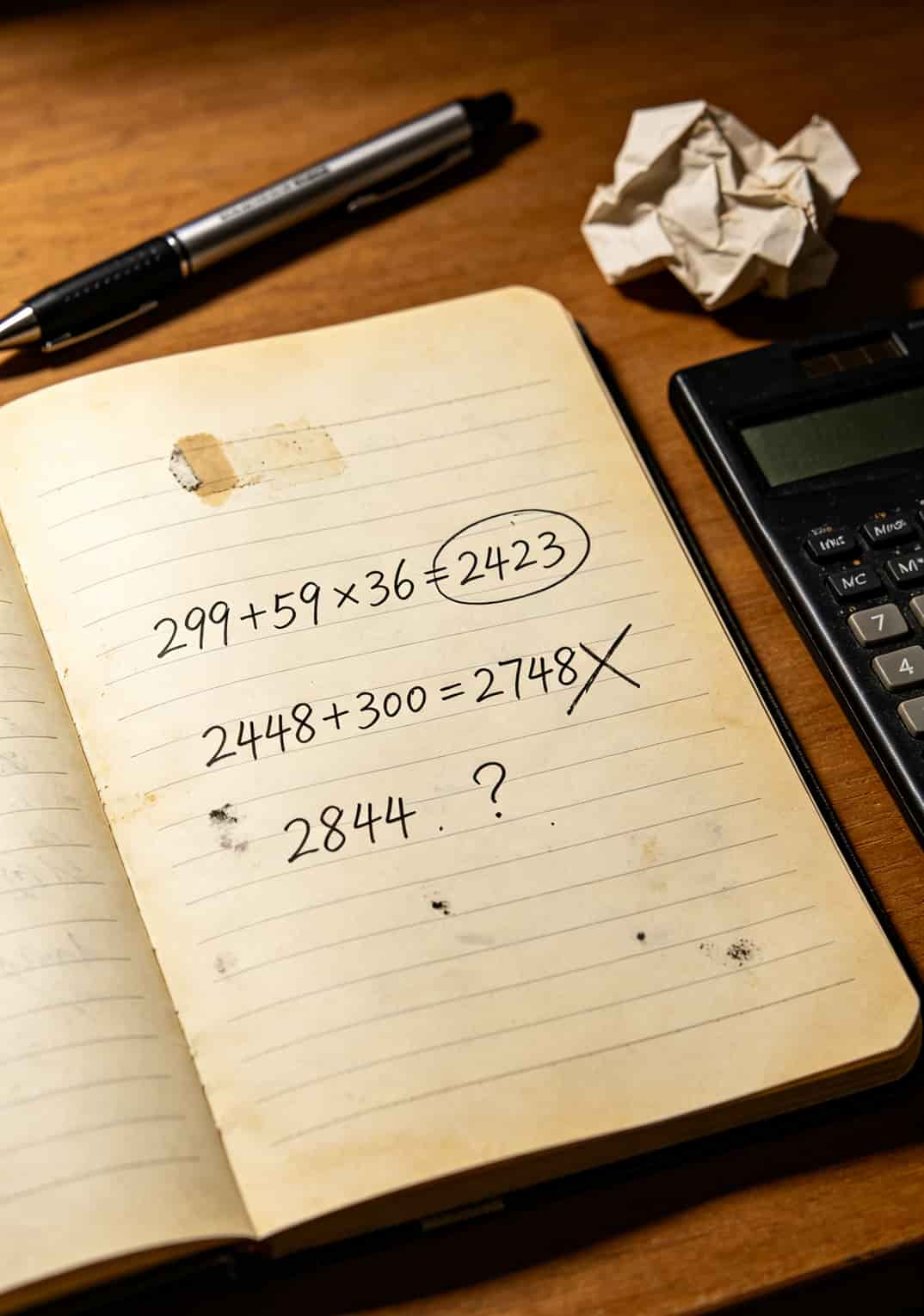 手写计算过程的草稿纸，上面写着2423、2748、2844三个数字