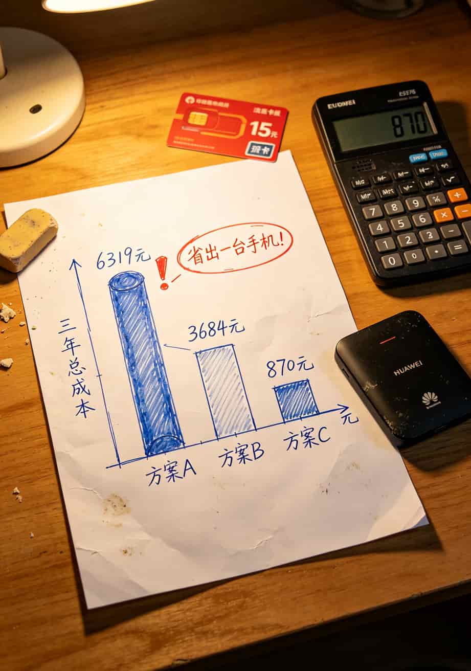 15元流量卡配二手华为随身WiFi,月省80%网费的野路子(销售老张三年实录) 三年三种方案总成本对比条形图,方案C明显最低