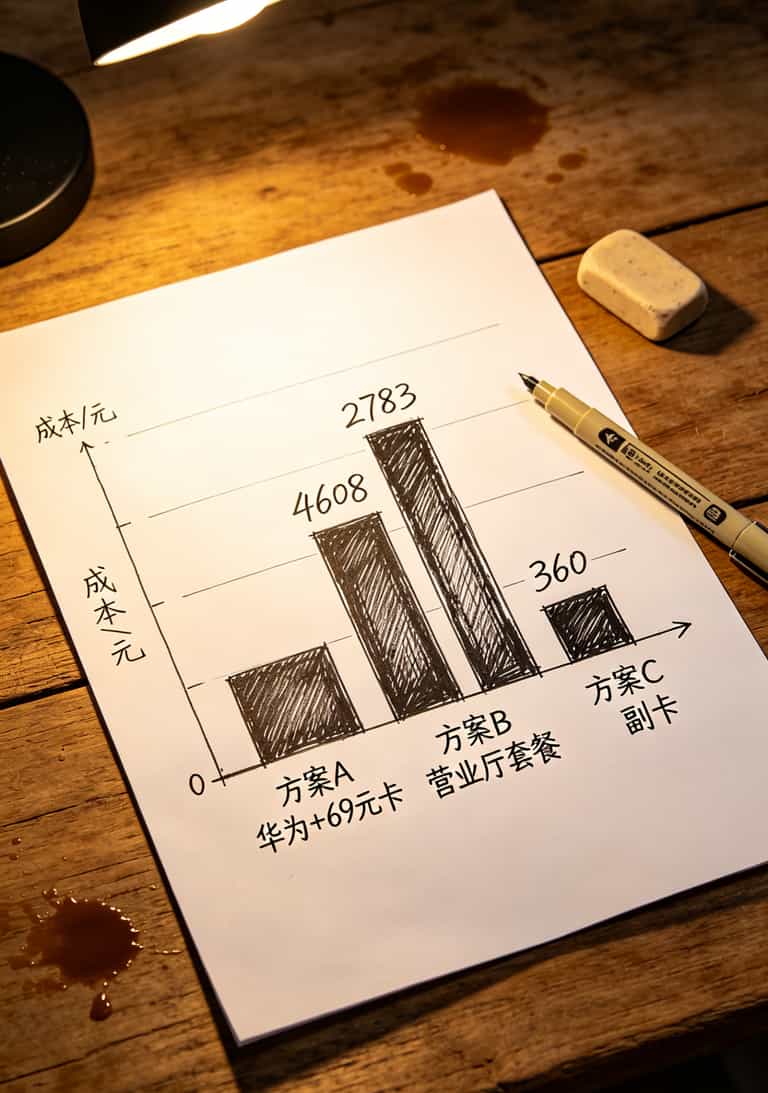 160g流量卡全国通用流量三年能省一千块?我换了4个随身WiFi,算完账才发现被坑了这么久 三年成本对比柱状图