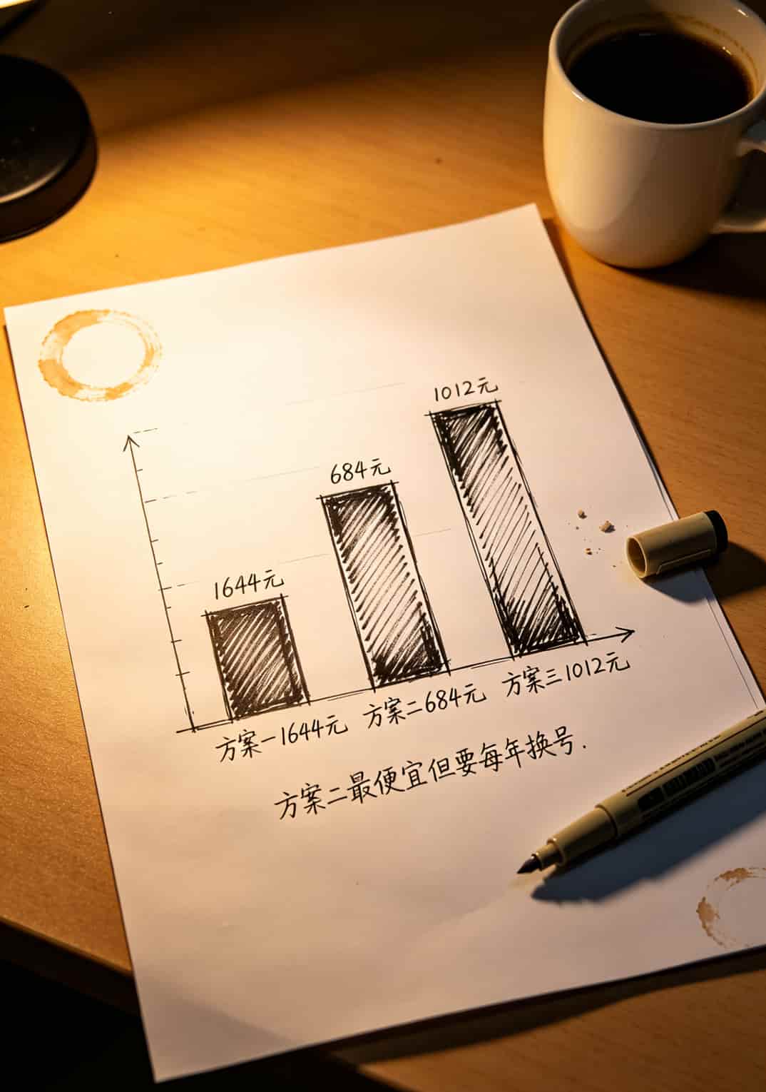 三年话费成本对比柱状图，三种方案一目了然