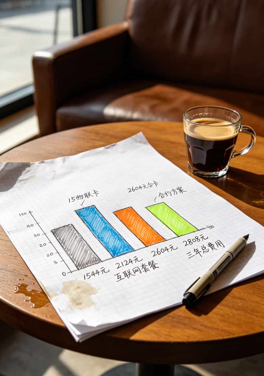 华为5G随身WiFi配sim卡和流量卡,我换了7张卡的血泪总结 三年费用对比柱状图,物联卡1544元、互联网套餐2124元、合约套餐2604元、双卡方案2808元