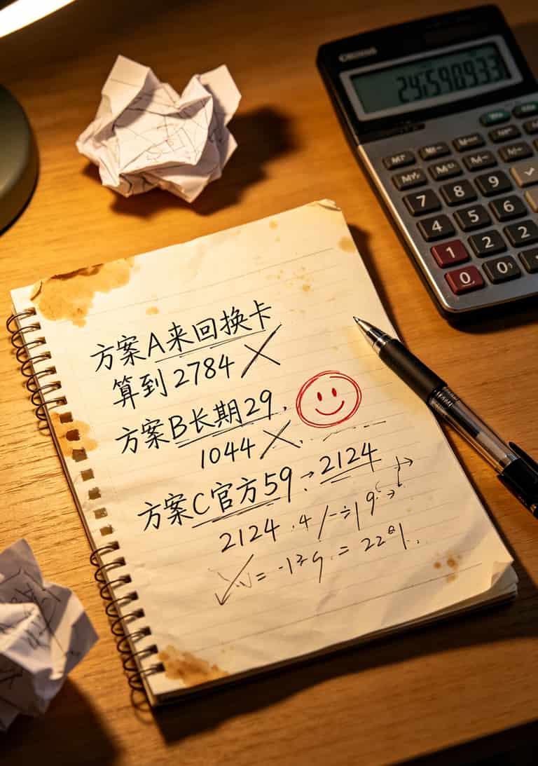 172流量卡分销内行人揭秘:一张流量卡的命,比我前女友的心思还难猜 手写的三年成本对比计算草稿纸,三种方案的数字用红圈标出