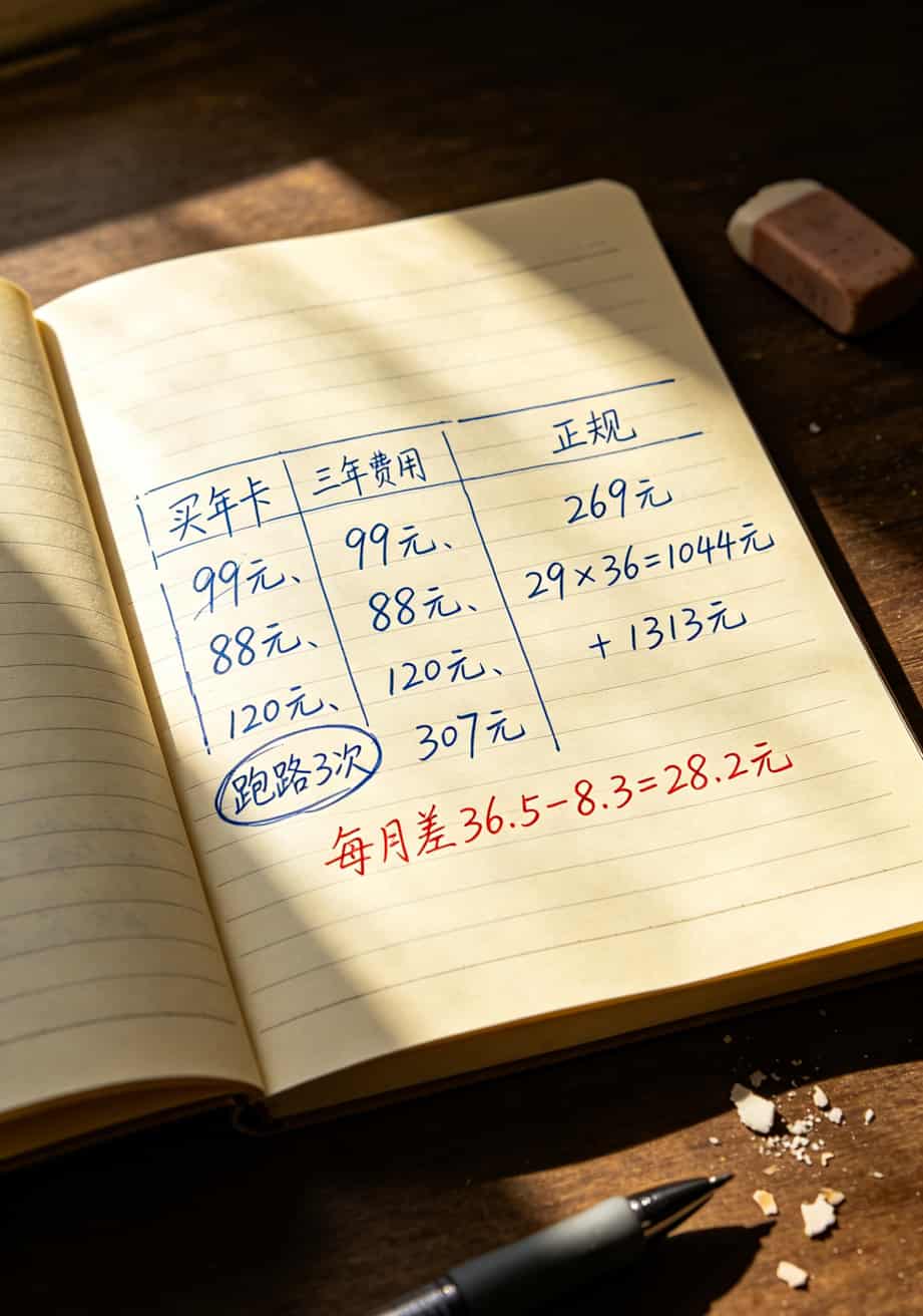 手写账目对比表格，左边是买年卡三年花费，右边是正规渠道花费