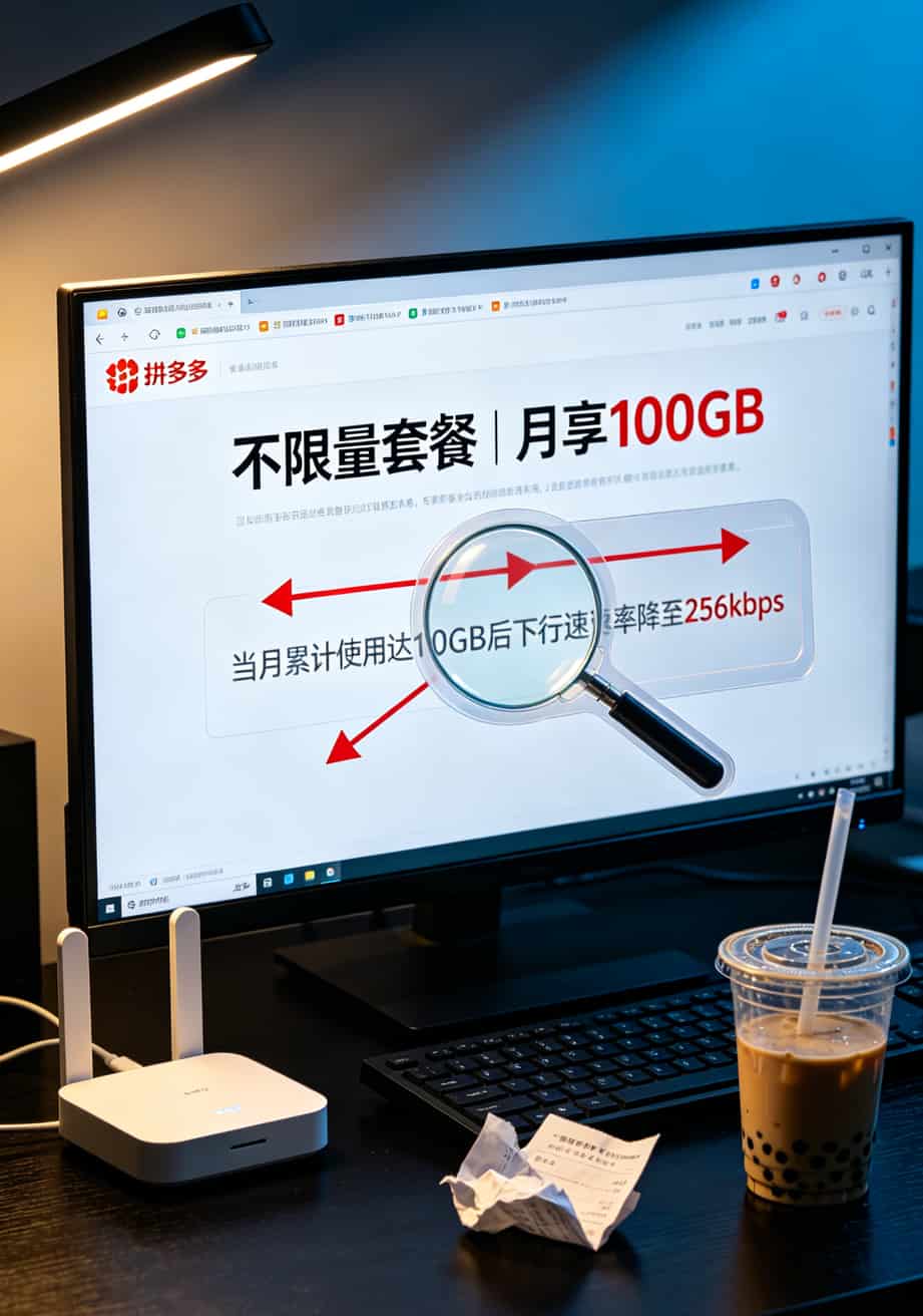 15元流量卡配二手华为随身WiFi,月省80%网费的野路子(销售老张三年实录) 某套餐详细页小字截图,显示“达10G后限速256kbps”