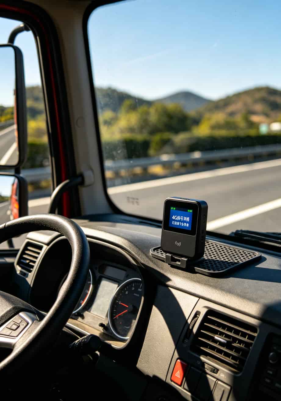跑货车3年换了11张5g物联网流量卡,今天跟你交个底(附避坑指南) 老周货车仪表盘上放着随身WiFi设备,屏幕显示网络连接正常