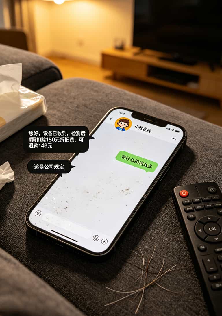 办理什么流量卡才不踩坑?我自己交了两年学费,总结出这7条 退款客服聊天记录截图,显示“扣除150元折旧费”