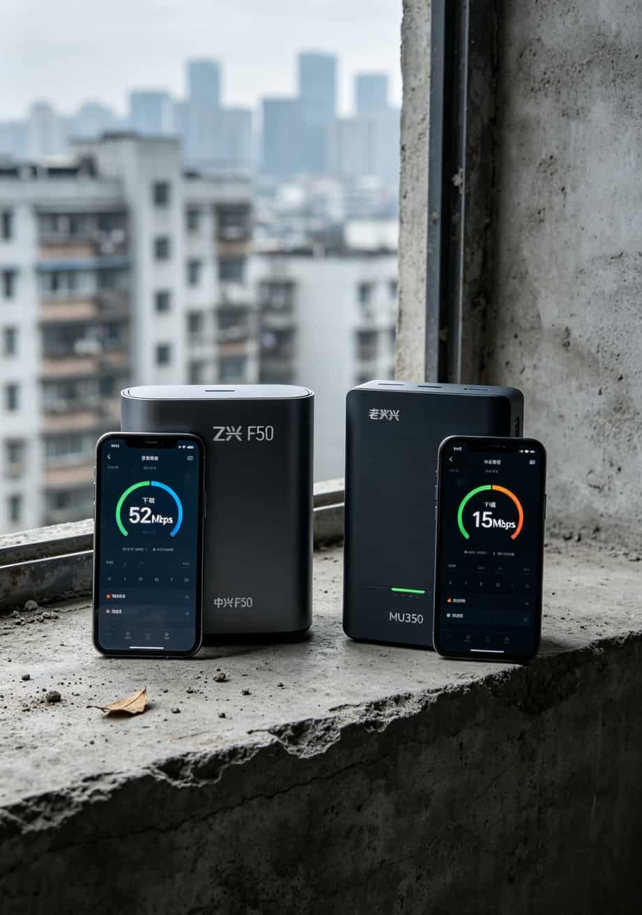 两台随身WiFi并排对比，分别显示不同的网速测试结果