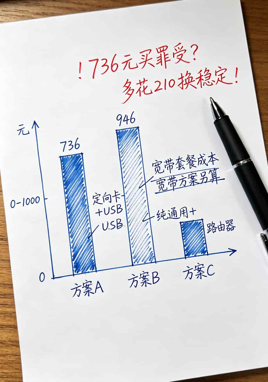 笔记本能插流量卡吗?我蹲了三天数码城,这些大实话帮你省下800块冤枉钱 两年使用成本对比柱状图,方案A 736元 vs 方案B 946元 vs 方案C宽带