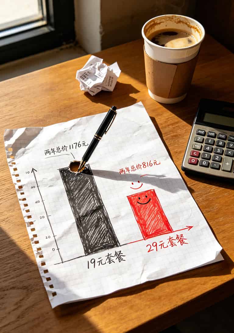 29元155g流量卡到底值不值?我卖了8年卡,跟你说点真话 19元套餐与29元套餐两年费用对比柱状图