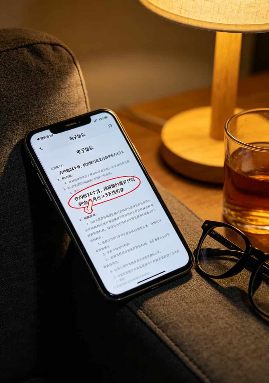 19元200g流量卡,真的能省几百块?我帮人办了不下十张,把实话全撂这 联通App合约协议截图,圈出第8页的合约期条款