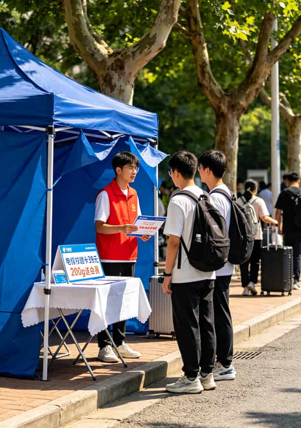 大学门口摆摊卖流量卡的帐篷和桌子