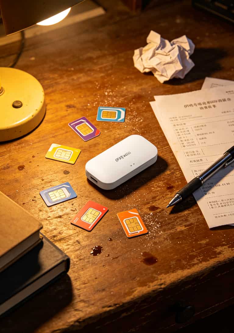 伊鸣随身WiFi设备与多张流量卡摆放在一起