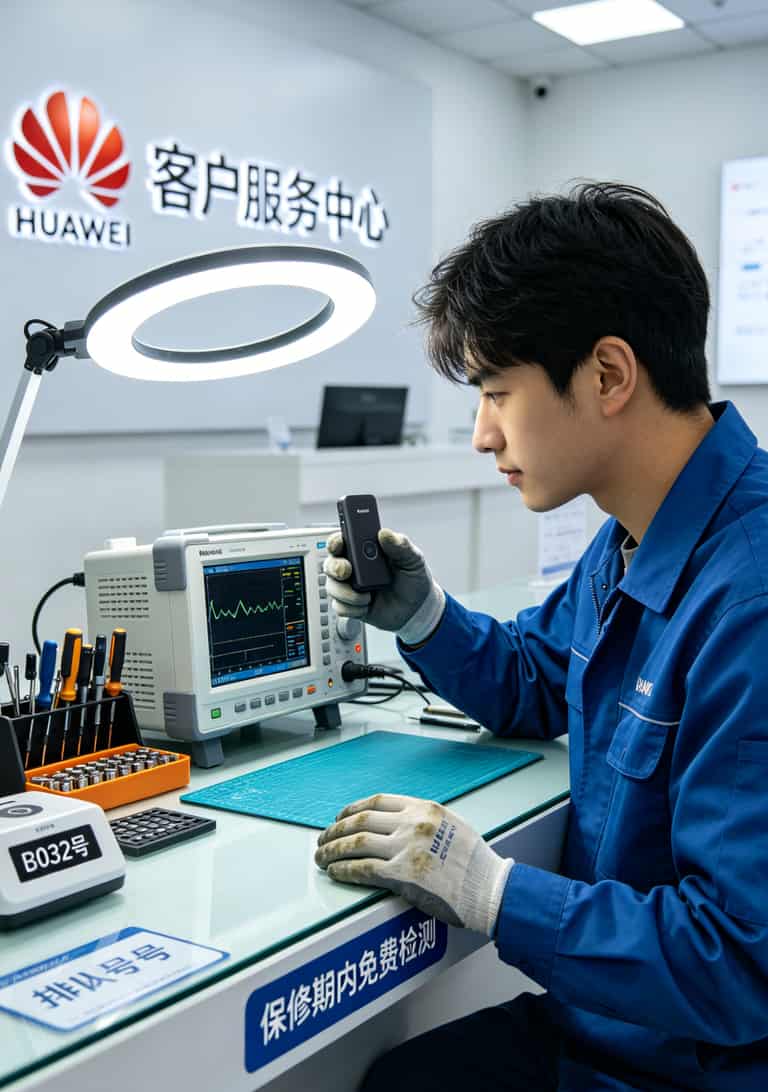 华为售后服务中心内部图，工作人员正在检测随身WiFi设备