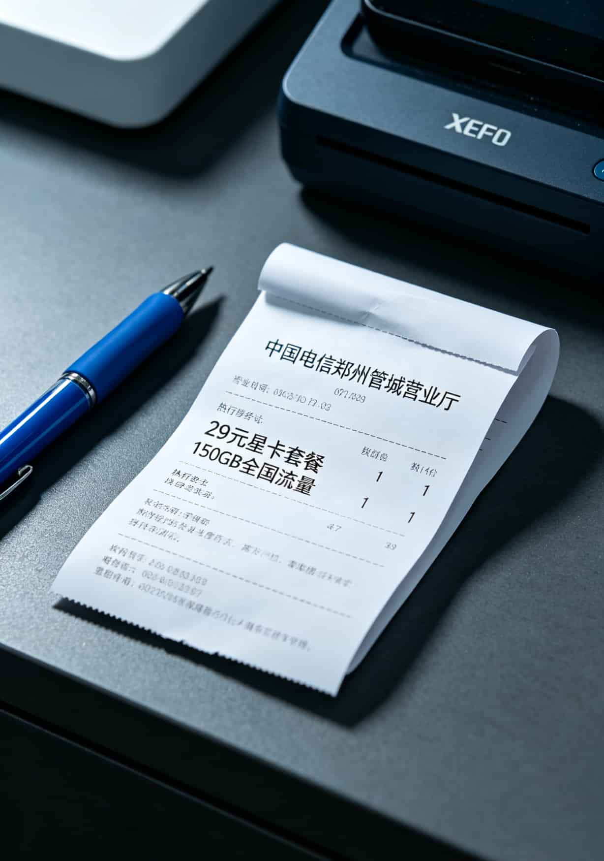 19块钱月租300g流量卡可信?我跑外卖换了7张卡,拿中兴F30实测半年的答案:90%是坑! 郑州管城区电信营业厅办理纯流量卡的小票照片