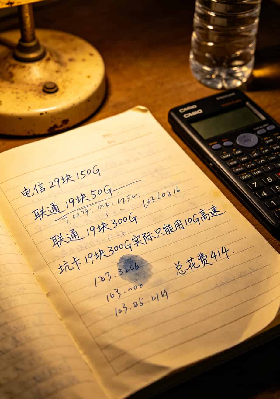 19块钱月租300g流量卡可信?我跑外卖换了7张卡,拿中兴F30实测半年的答案:90%是坑! 老孙手写的三个月流量卡费用对比记账本