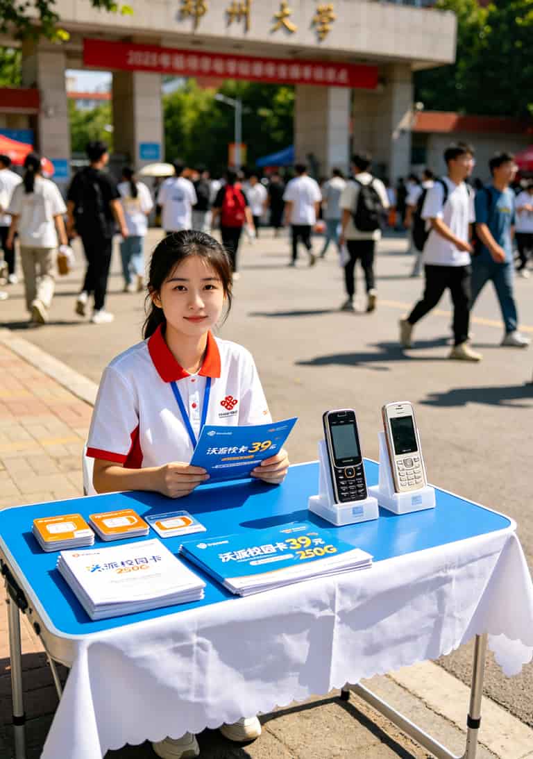 19块钱月租300g流量卡可信?我跑外卖换了7张卡,拿中兴F30实测半年的答案:90%是坑! 郑州大学附近联通校园卡办理摊位实拍