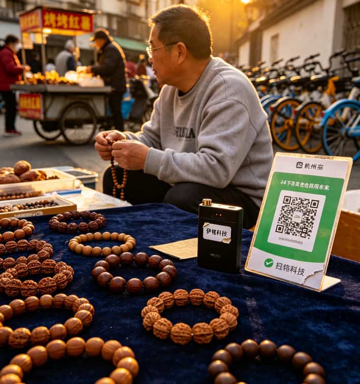 九块九10个g的流量卡,我买了四张全踩坑了!杭州老张含泪整理这份避坑指南 老张摆摊卖手串的市集现场照片,摊位上的二维码牌子和随身WIFI设备