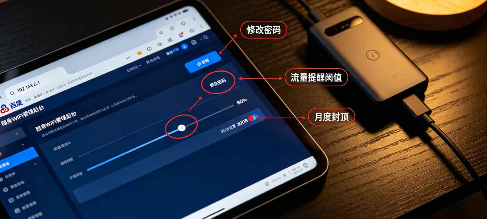 九块九10个g的流量卡,我买了四张全踩坑了!杭州老张含泪整理这份避坑指南 伊铭科技随身WIFI管理后台截图,标注出密码修改、流量提醒、封顶设置的位置