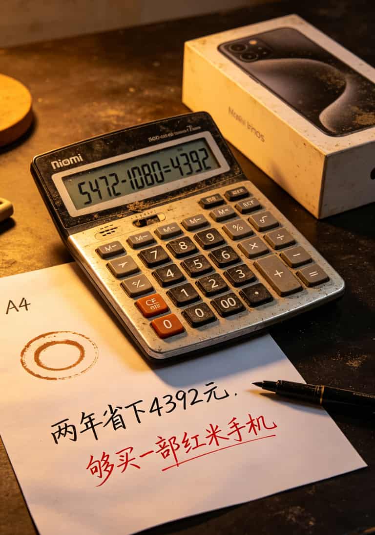 我买了十几张流量卡,100g流量卡一个月多少钱终于搞明白了(附避坑指南) 计算器截图,显示5472-1080=4392的算式,下方标注“省出一部手机钱”