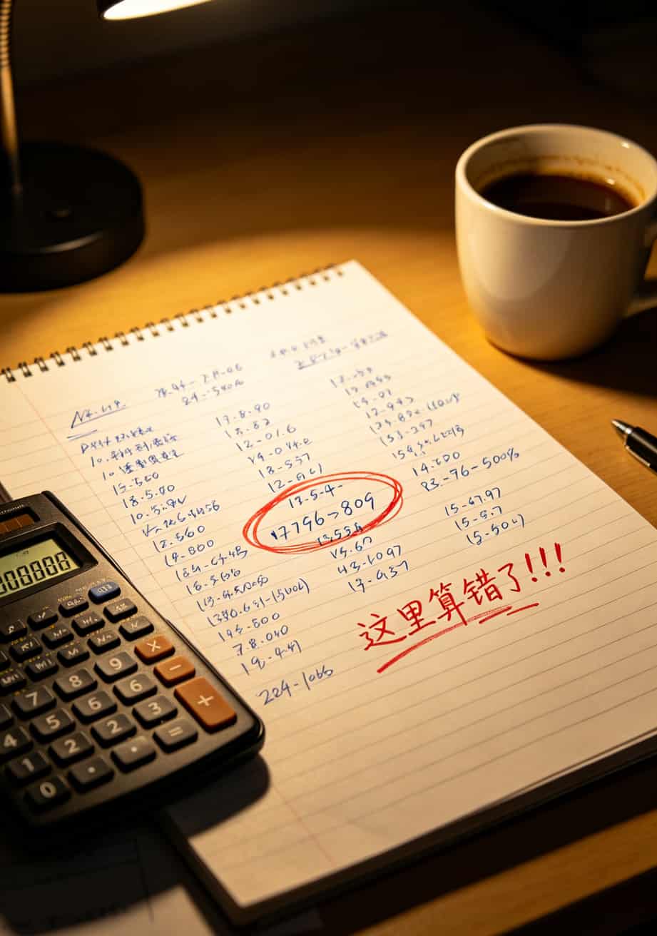B站免流量卡究竟好不好?我花3个月烧了400块,把实话全撂这了 手写计算账单的草稿纸,红色圈出错算部分,旁边放着计算器和一杯凉透的咖啡