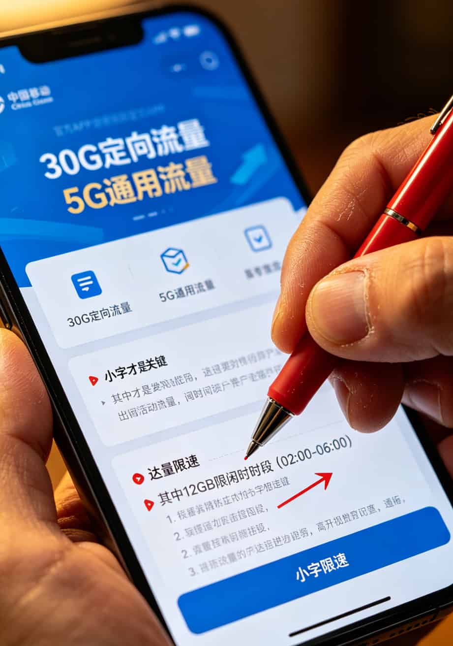B站免流量卡究竟好不好?我花3个月烧了400块,把实话全撂这了 手机截图显示运营商APP的套餐详情页,红色箭头指向“闲时流量”“达量限速”等小字说明