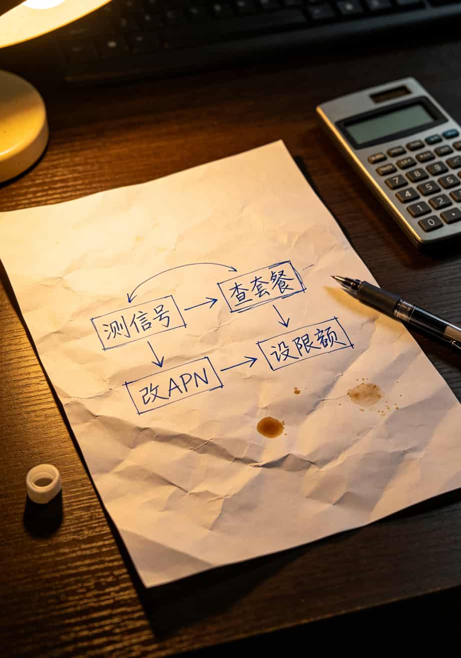 5g流量卡哪家强?我自费测了6张卡,这份账单你直接抄 手写在一张皱巴巴A4纸上的流程图,箭头连起“测信号→查套餐→改APN→设限额”四个步骤