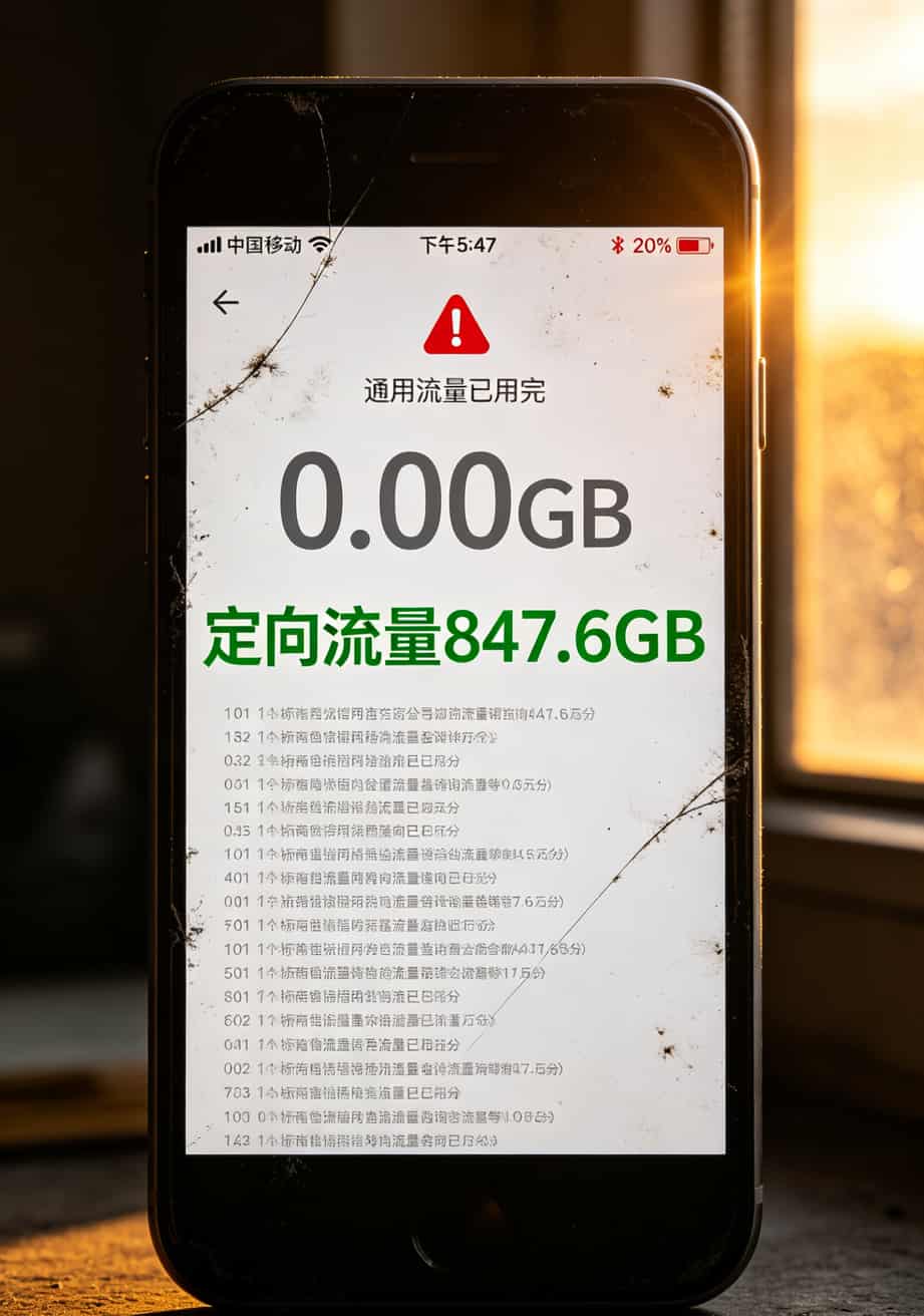 别再信“19元1200G”了!我退掉5张卡,才弄明白啥是**公认最好的流量卡** 手机流量查询页面截图,显示通用流量已用完,定向流量还剩800多G