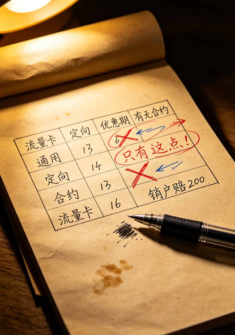 别再信“19元1200G”了!我退掉5张卡,才弄明白啥是**公认最好的流量卡** 五张流量卡的套餐详情表格,手写标注了通用流量和隐藏条款