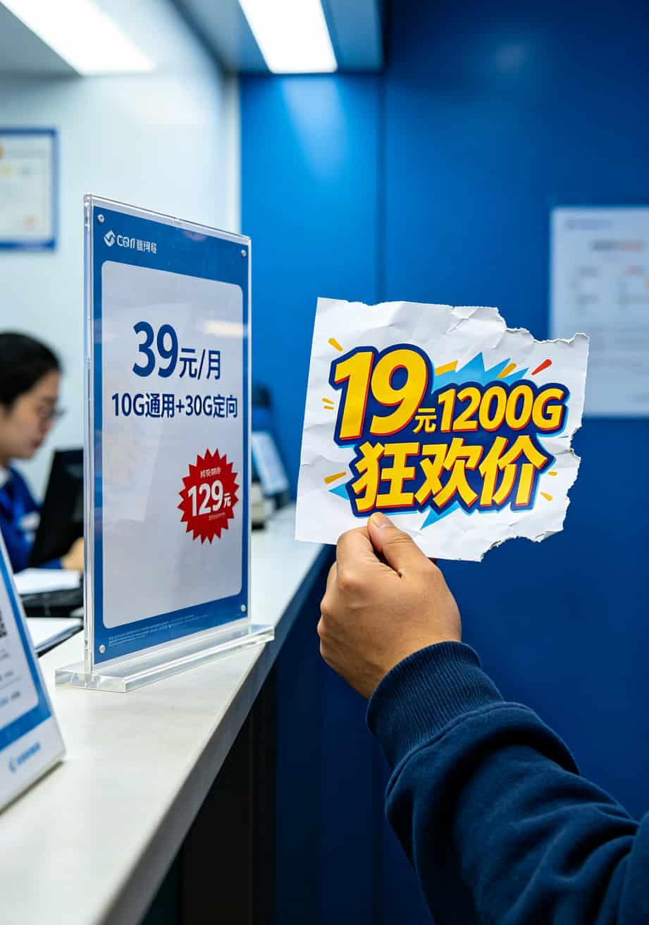 别再信“19元1200G”了!我退掉5张卡,才弄明白啥是**公认最好的流量卡** 线下营业厅套餐展示牌与网上低价卡广告页的对比