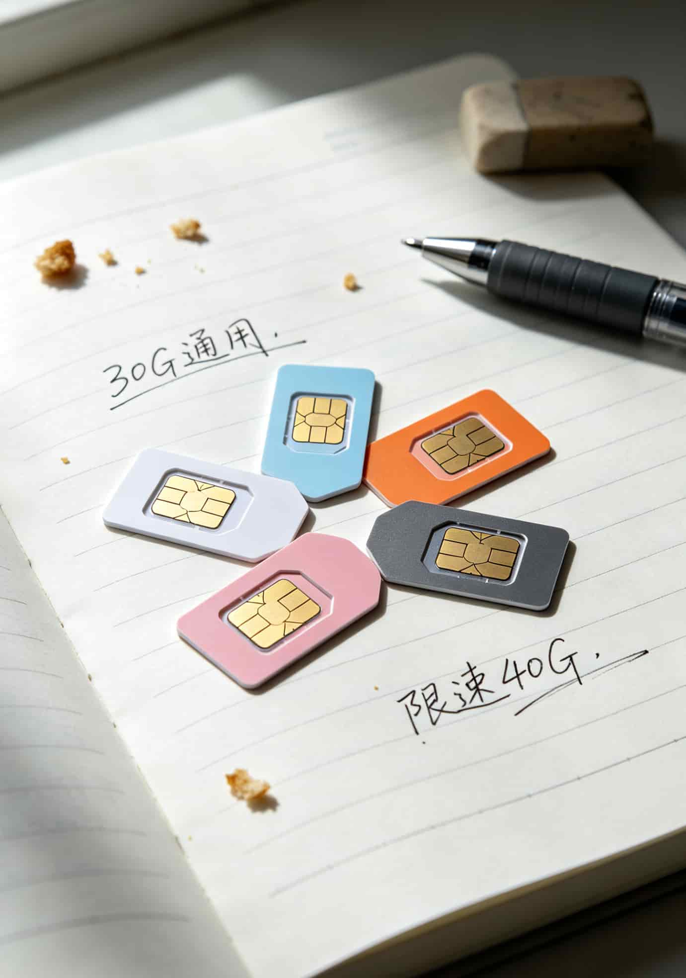 摸透4g流量卡怎么收费,我买了7张19块卡,最后只留了这一张 四张不同运营商的流量卡排在一起对比