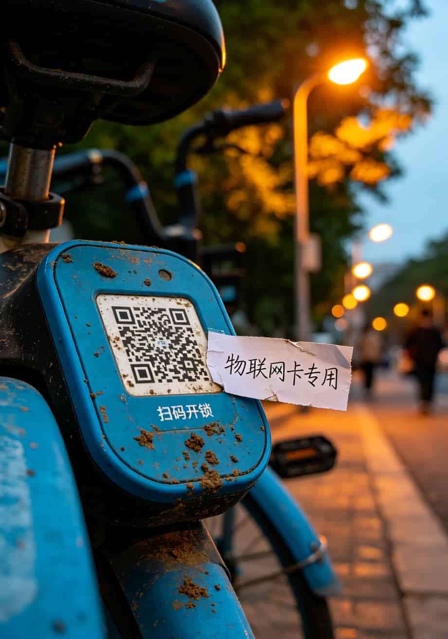 19.9流量卡是不是真的?我在通讯城卖了三年卡,这些内幕没人敢说 共享单车扫码桩特写,暗示物联网卡用途