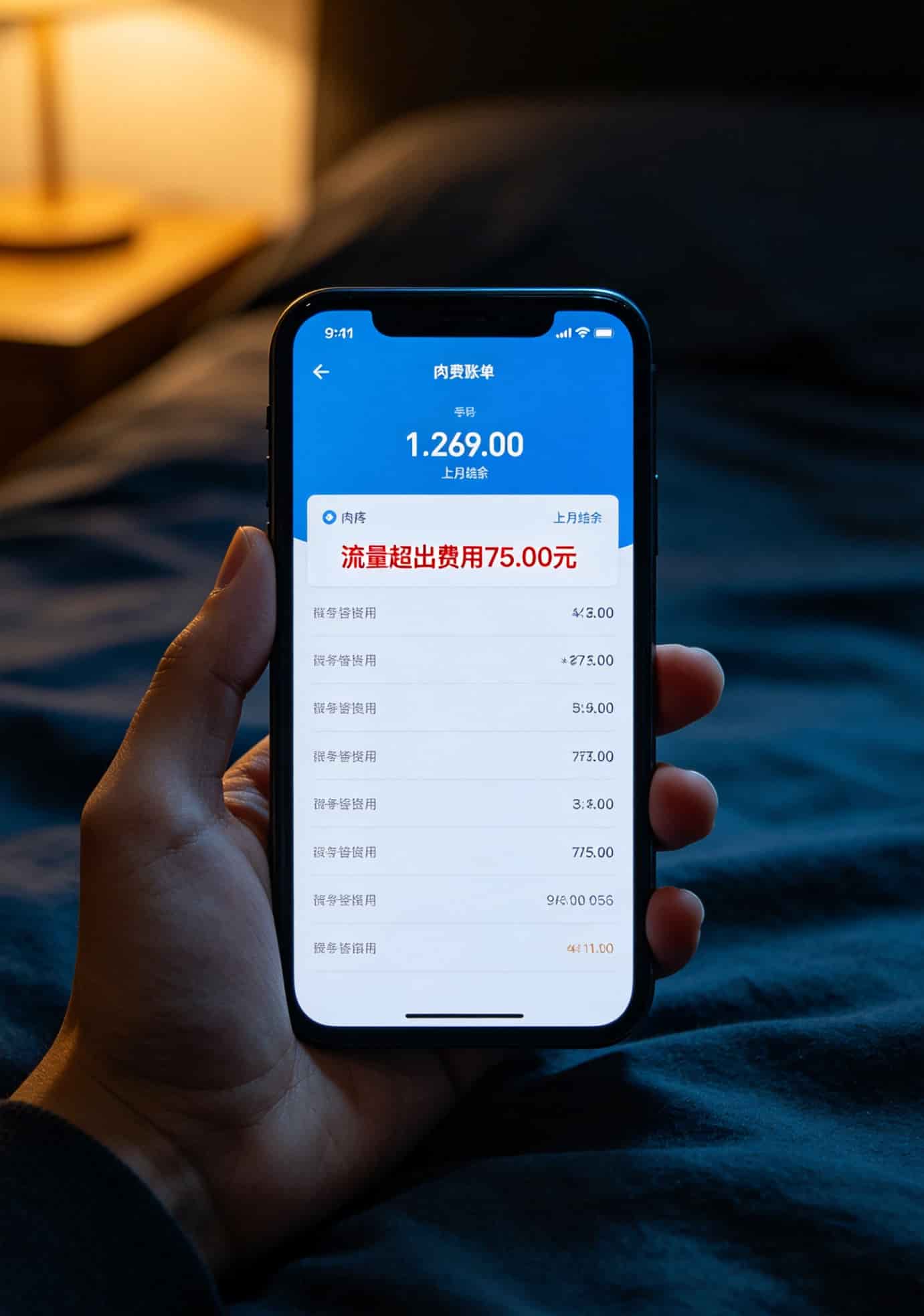 19.9元200g流量卡是真的吗?我买了三张卡实测,真相和广告差太远了 手机话费账单截图,显示流量超额扣费75元