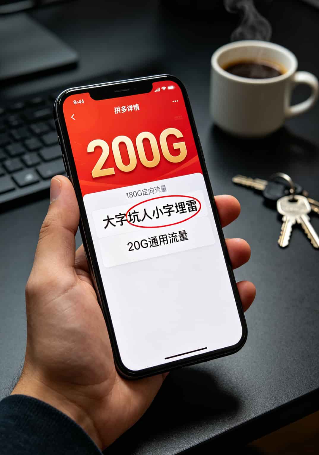 19.9元200g流量卡是真的吗?我买了三张卡实测,真相和广告差太远了 拼多多套餐详情页截图,通用流量和定向流量字体大小对比