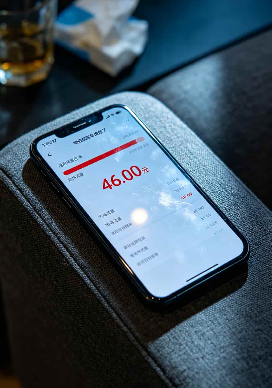 办了b站卡免流流量配上华为随身WiFi,我亏了200块才整明白这些门道 手机账单截图,显示通用流量超额扣费46元