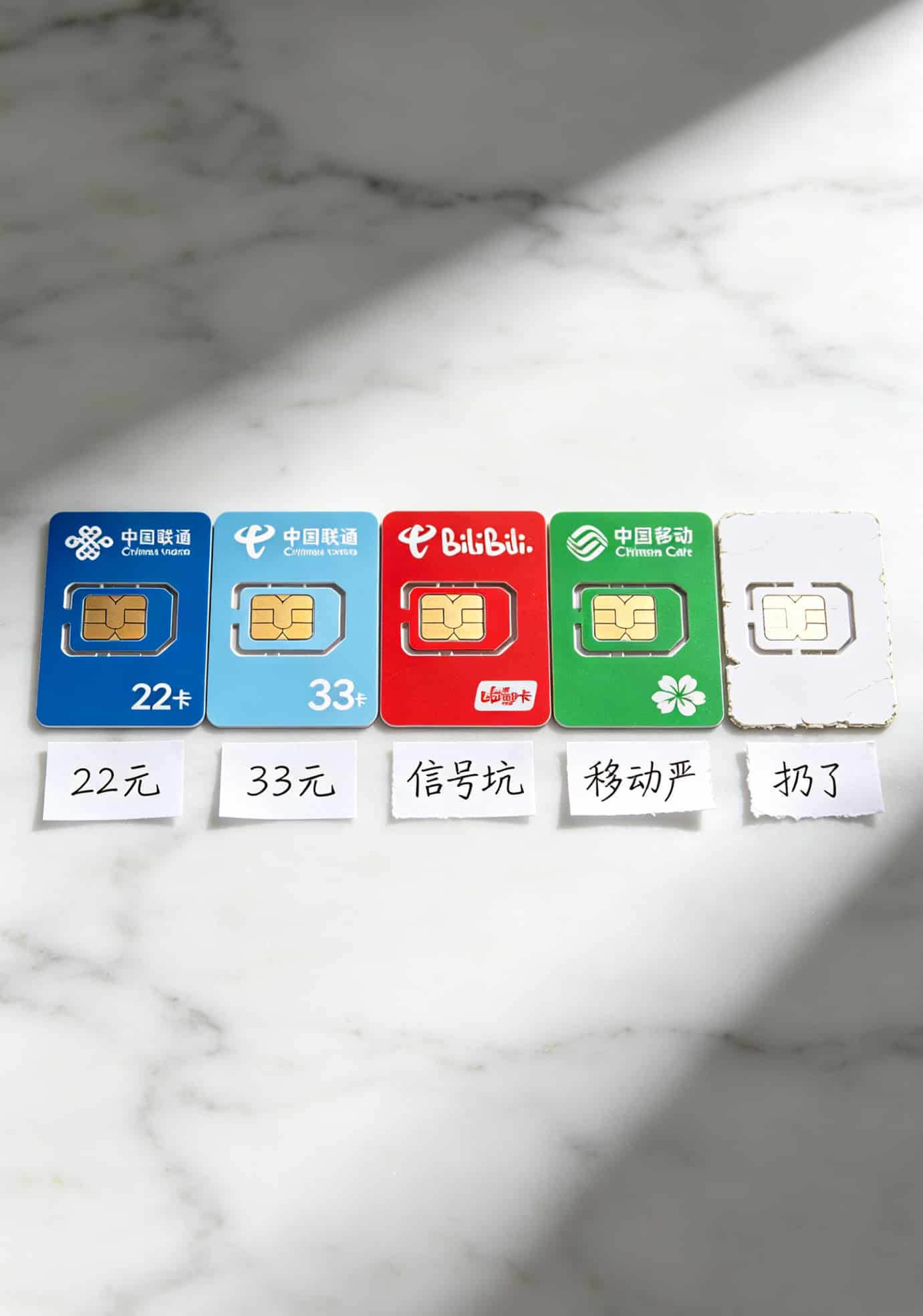 办了b站卡免流流量配上华为随身WiFi,我亏了200块才整明白这些门道 五张手机卡并排展示,标注每张卡的特点