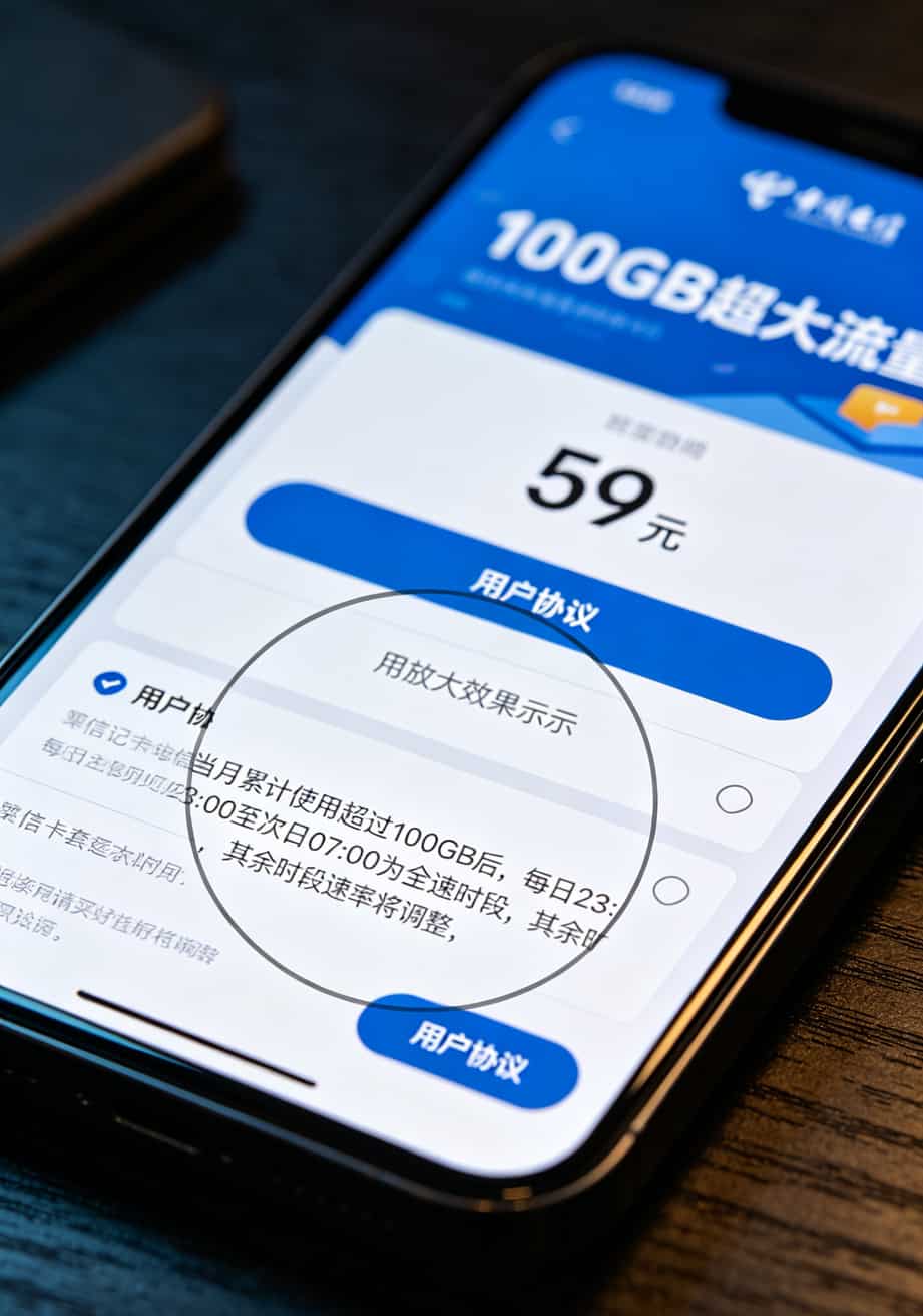 花一千多块买来的教训:4g卡流量移动纯随身WiFi,这3款才不坑人 电信天翼套餐详情页面截图,底部小字标注夜间限速规则