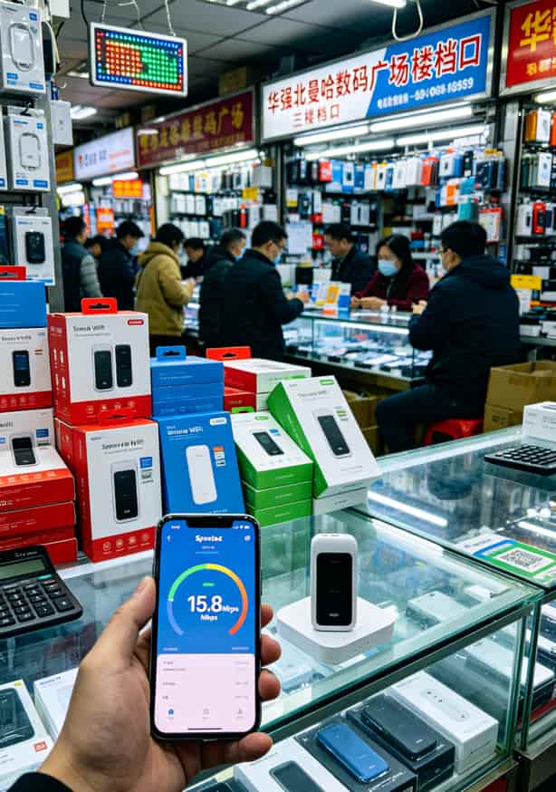 花一千多块买来的教训:4g卡流量移动纯随身WiFi,这3款才不坑人 华强北档口测速现场,手机屏幕显示Speedtest结果15.8Mbps