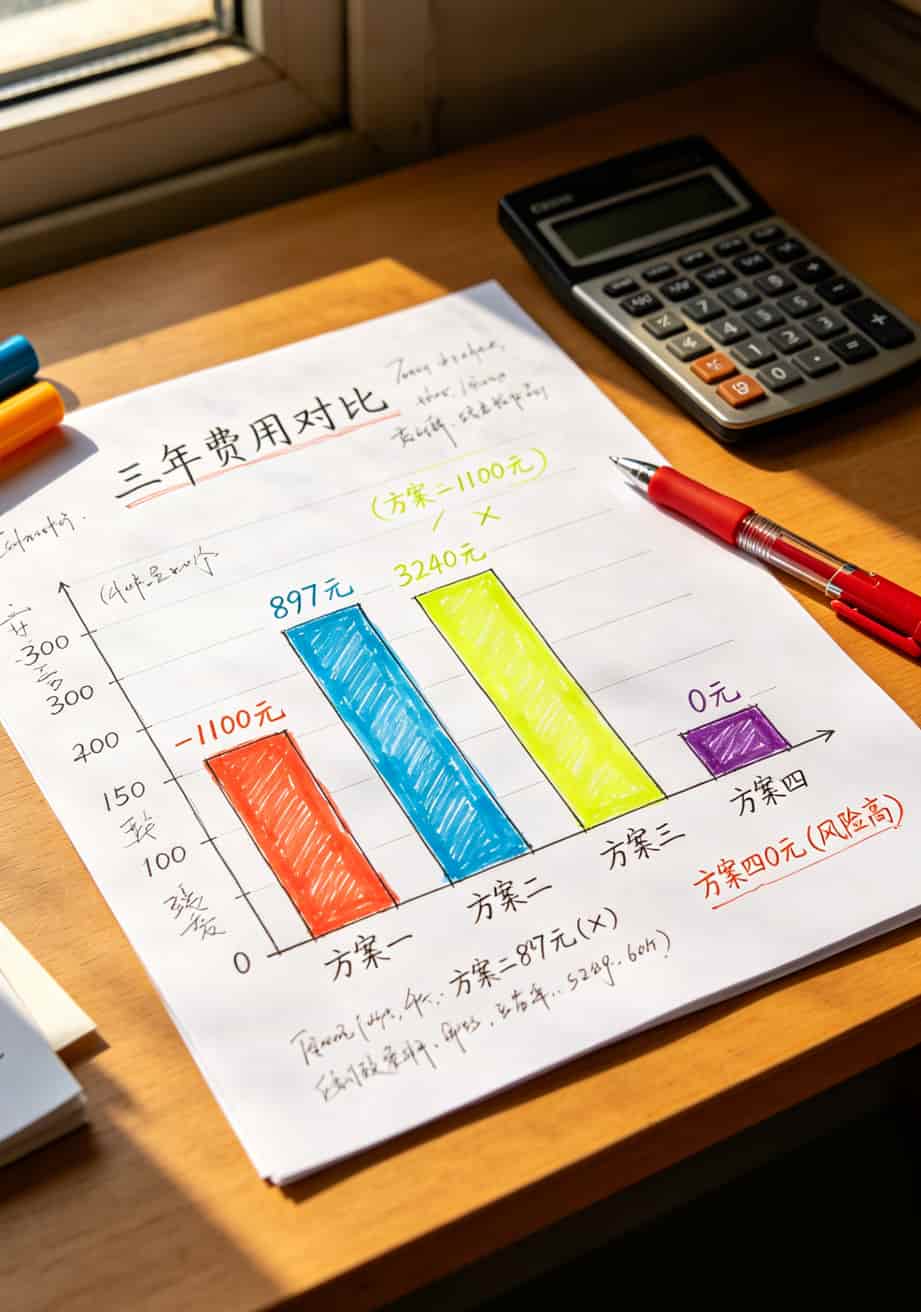 一张25元移动流量卡配上华为随身WiFi,我当小白鼠八个月的实话 三年四种方案费用对比条形图
