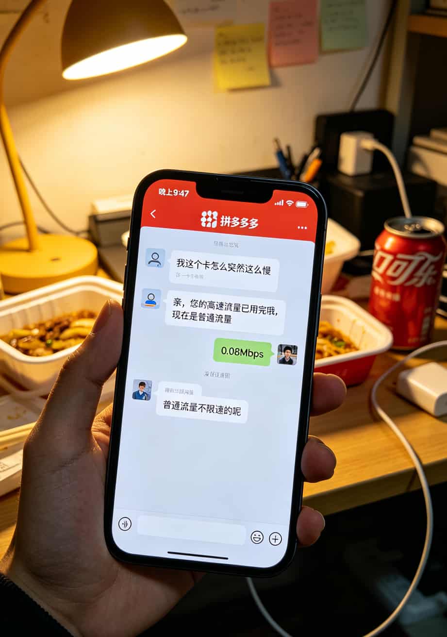 拼多多商家聊天记录截图，客服回复“高速流量已用完”