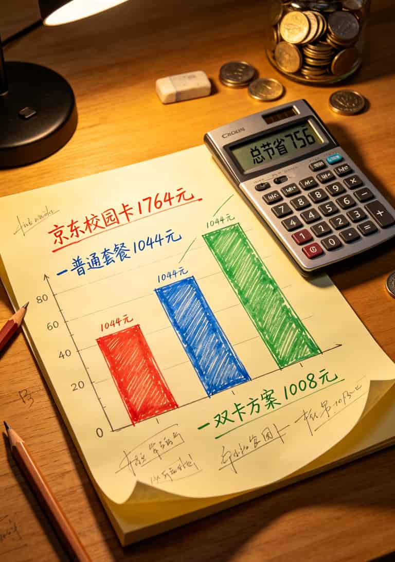 京东200g流量卡办理,别再被坑了!我踩了6次坑才敢写这篇大实话 三年费用对比柱状图,校园卡1764元、普通套餐1044元、双卡方案1008元