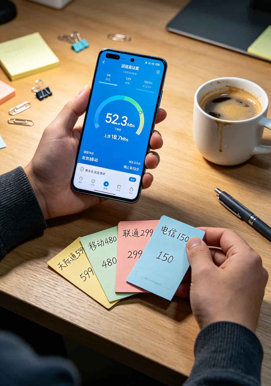 四张流量卡的下载速度测试对比图表，柱状图清晰标注数值
