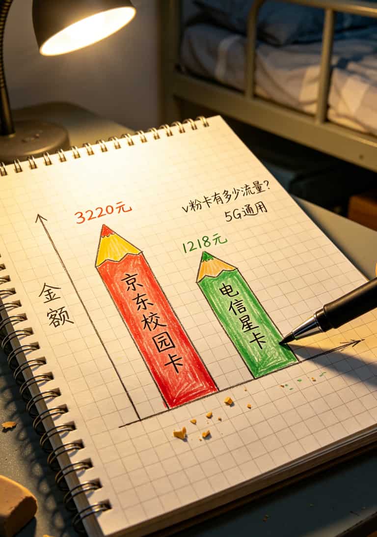 京东校园卡到底值不值?先搞清v粉卡有多少流量,我交了三千块学费 三年花费对比柱状图,京东校园卡3220元,电信星卡1218元